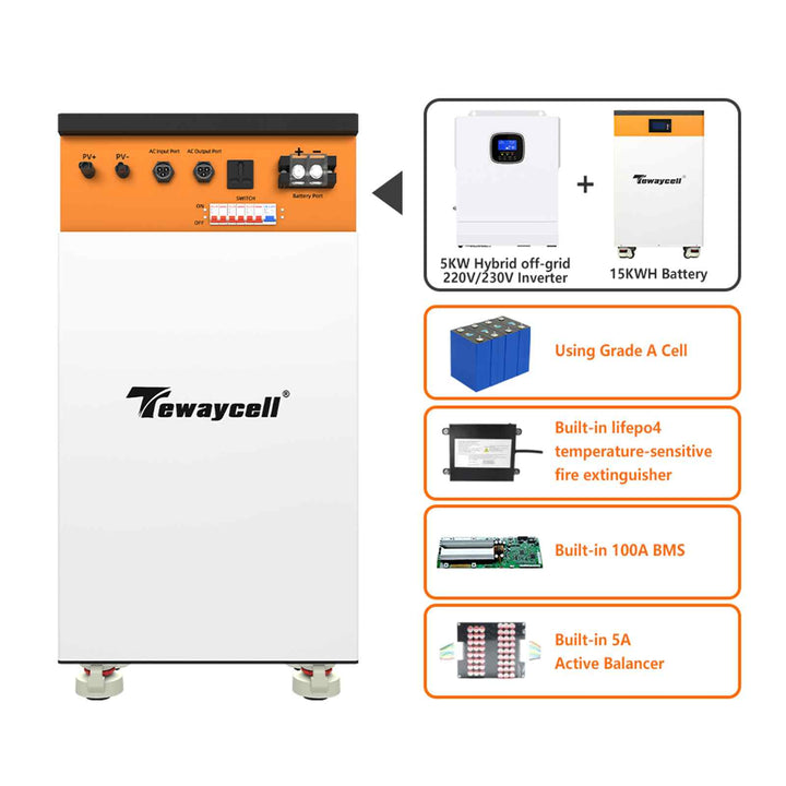 Tewaycell 48V 51.2V 300Ah 15Kwh All-in-one Mobile ESS Built-in 5kw Hybrid Off-grid 220V/230V Inverter,BMS,Equalization Module